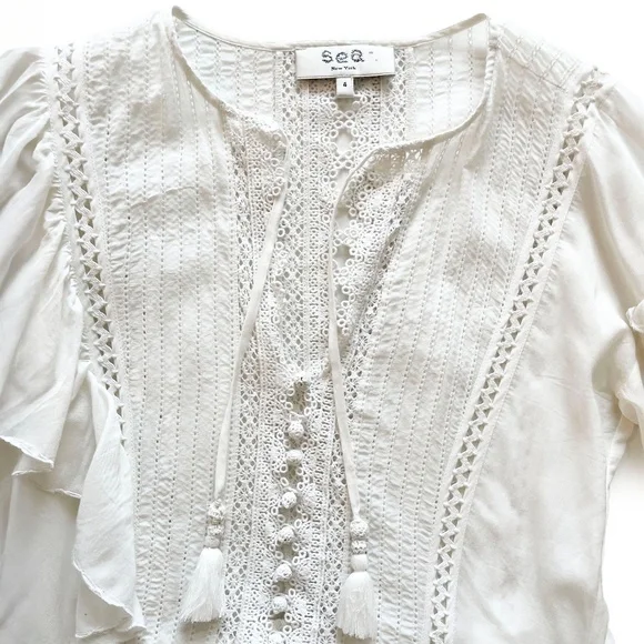 Sea New York Tie Neck Mini Dress White Size 4 Ruffle, Pom-Pom & Tassel Accents - Picture 3 of 14